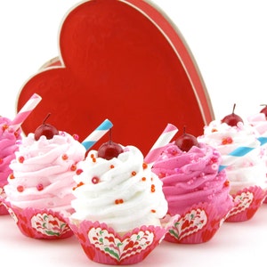 Fake Cupcakes Dutch Heart Collection Set of 6 Mini Cupcakes Can Be Ornaments or Magnets Fab Valentines Day or Birthday Decor image 1