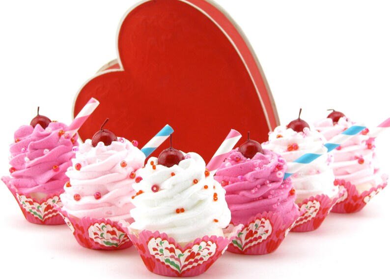 Fake Cupcakes Dutch Heart Collection Set of 6 Mini Cupcakes Can Be Ornaments or Magnets Fab Valentines Day or Birthday Decor image 1