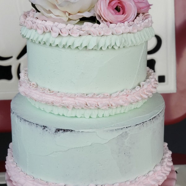 Fake Cake Two Tiered. Mint green with pink ruffles. Photography Props, Event Planners, Wedding Decor, Bakery Decor,  Staging Prop