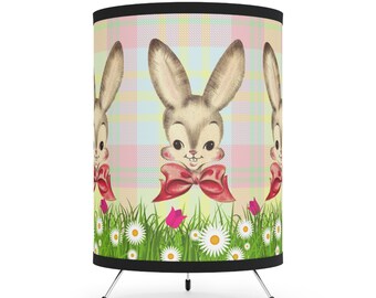 Bunny Lamp for Kitchen, Nursery, Bedrooms, Bathrooms. Vintage Bunny Image Pastel Plaid Tripod Lamp