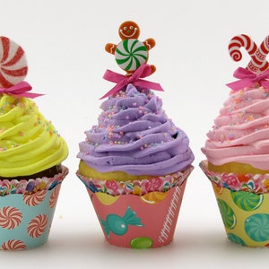 Candy Land Fake Cupcakes Set 6 Standard Size Cupcakes Candy Land Birthday/Christmas Decor Gingerbread Men, Candy Canes, Peppermint Candy image 5