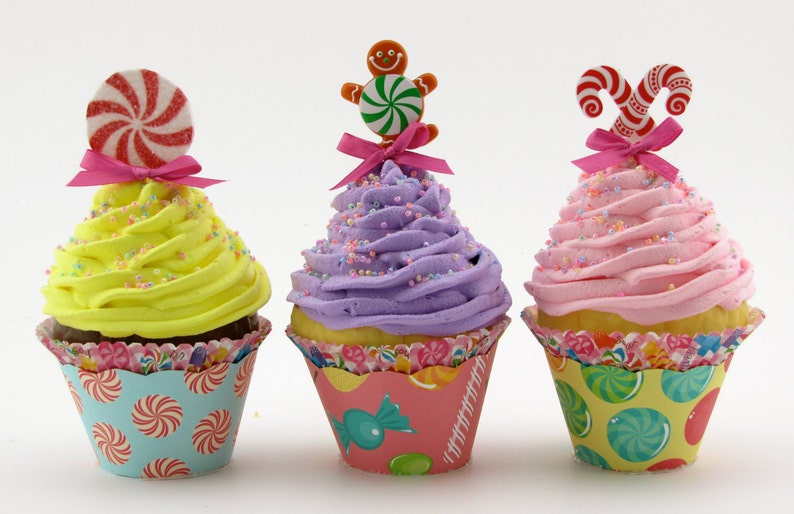 Candy Land Fake Cupcakes Set 6 Standard Size Cupcakes Candy Land Birthday/Christmas Decor Gingerbread Men, Candy Canes, Peppermint Candy image 5