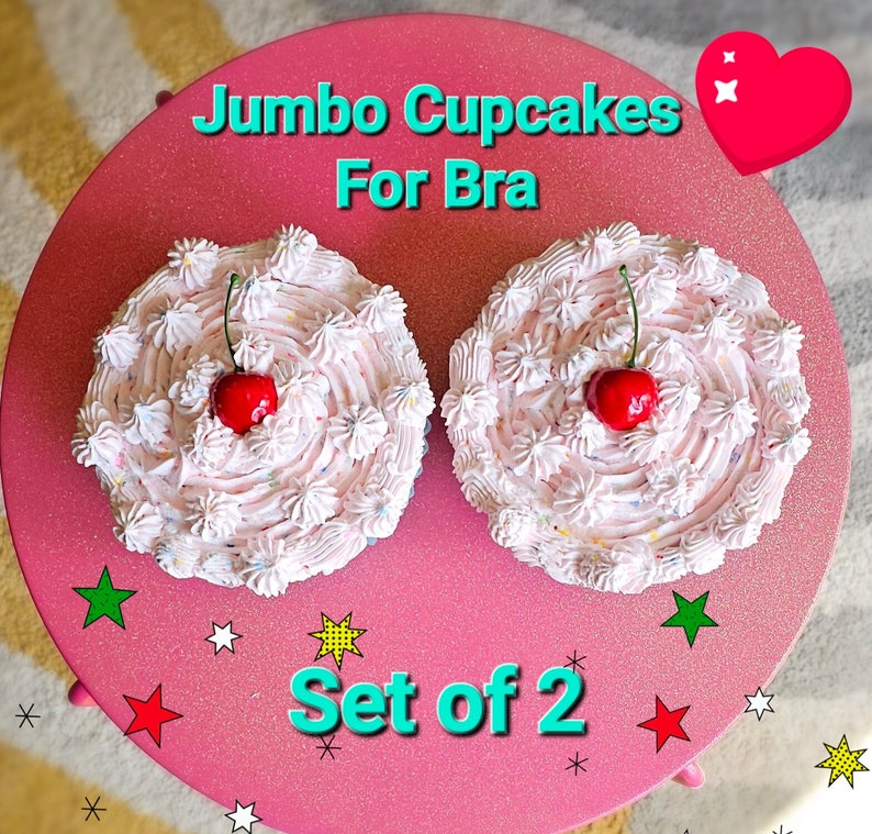 Fake Cupcakes for Bra, 2 Pink Jumbo Cupcakes and Cherries, Bachelorette Outfit, Halloween, Birthday, Concert Costume. Can Hang on Wall image 2