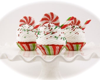 Fake Cupcake "Old Fashioned, Swirly Twirly Peppermint Cupcake Ornaments" MINI Size Set of 3 TOO CUTE 12 Legs Original Design First on Etsy!