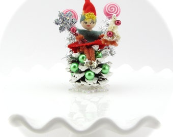 Pixie Pinecone Christmas Decor. Handmade Pinecone Ornament with Vintage Pixie. One of A Kind Holiday Decor. 12 Legs Design