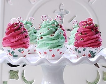 Fake Christmas Cupcakes Gumdrops and Candy Canes. Set of 6. Red Green Mini Cupcakes Holly/ Ivy, Red white polka dot liners. Can Be Ornies