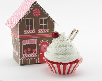 Cupcake Ornament with Cherry and Gingerbread House Box Gift Set Fab Holiday Gift/ Photo Prop, Secret Santa, Teacher's Gift, Stocking Stuffer