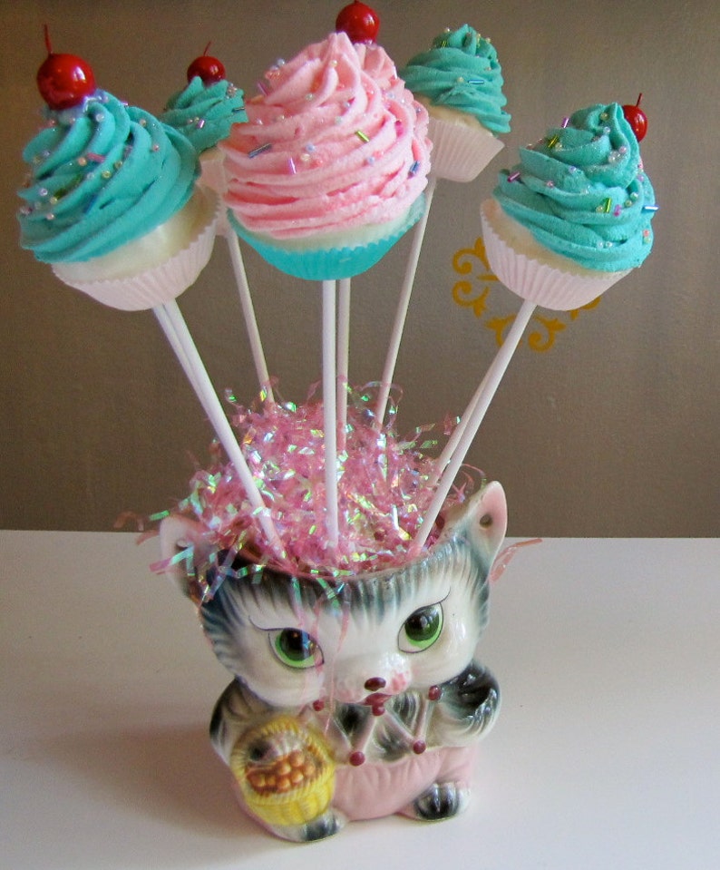 Fake Cupcake Lollipops Sweet and Whimsy Collection 8 Mini Pink/Aqua Lollipops Great Party Decor 12 Legs Original Concept Can Customize image 2