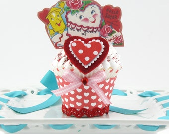 Valentine's Day Fake Cupcake with Vintage Valentine Image of Heart Cake. Unique Valentine's Day Gift for Her or Him.