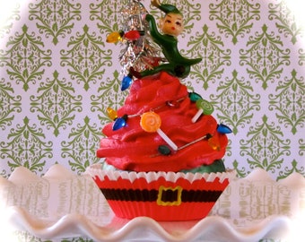 Fake Cupcake "Red Elf With Christmas Lights" 12 Legs Original Holiday Decor Fab Hostess Gift or Secret Santa