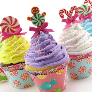 Candy Land Fake Cupcakes Set 6 Standard Size Cupcakes Candy Land Birthday/Christmas Decor Gingerbread Men, Candy Canes, Peppermint Candy image 3