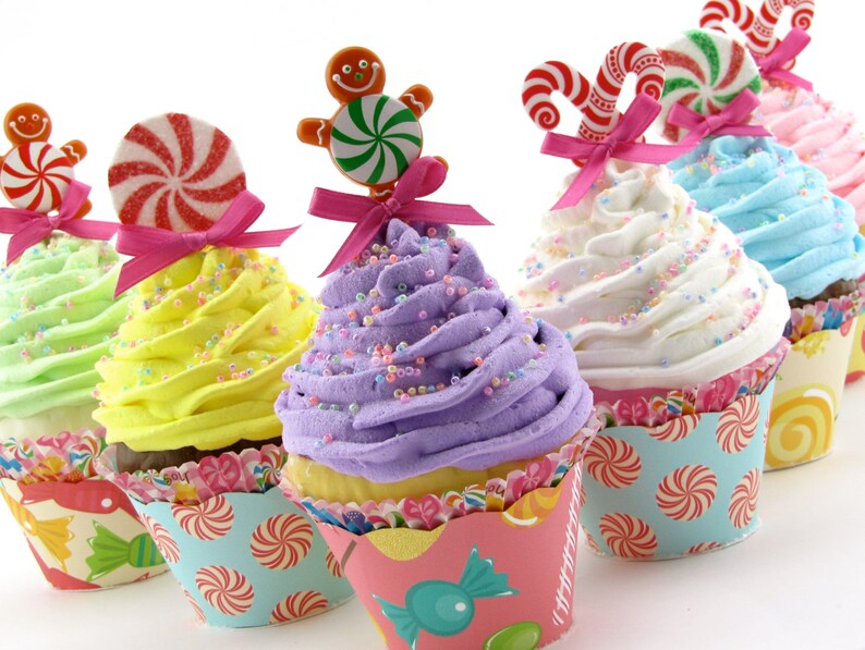 Candy Land Fake Cupcakes Set 6 Standard Size Cupcakes Candy Land Birthday/Christmas Decor Gingerbread Men, Candy Canes, Peppermint Candy image 3