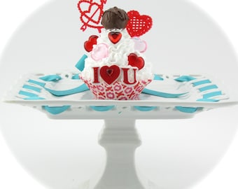Fake Cupcake with Faux Bon Bon. I Love You with Hearts! Fab Valentine's Day Gift for Her. Chocolate Lover's Gift.