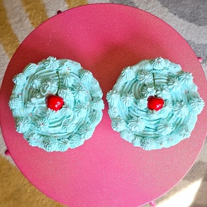 Fake Cupcakes for Bra. 2 JUMBO Pastel Blue Cupcakes w/ Cherries. BRA NOT Included. Halloween, Birthday, Concert Costume. Wall Hanging Option