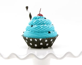 Turquoise Fake Cupcake with Black and White Polka Dot Cupcake Liner Fab Photo Prop, Birthday Decor, Gift Idea, Kitchen Decor