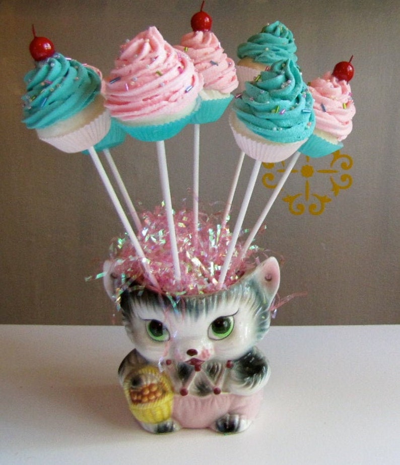 Fake Cupcake Lollipops Sweet and Whimsy Collection 8 Mini Pink/Aqua Lollipops Great Party Decor 12 Legs Original Concept Can Customize image 1