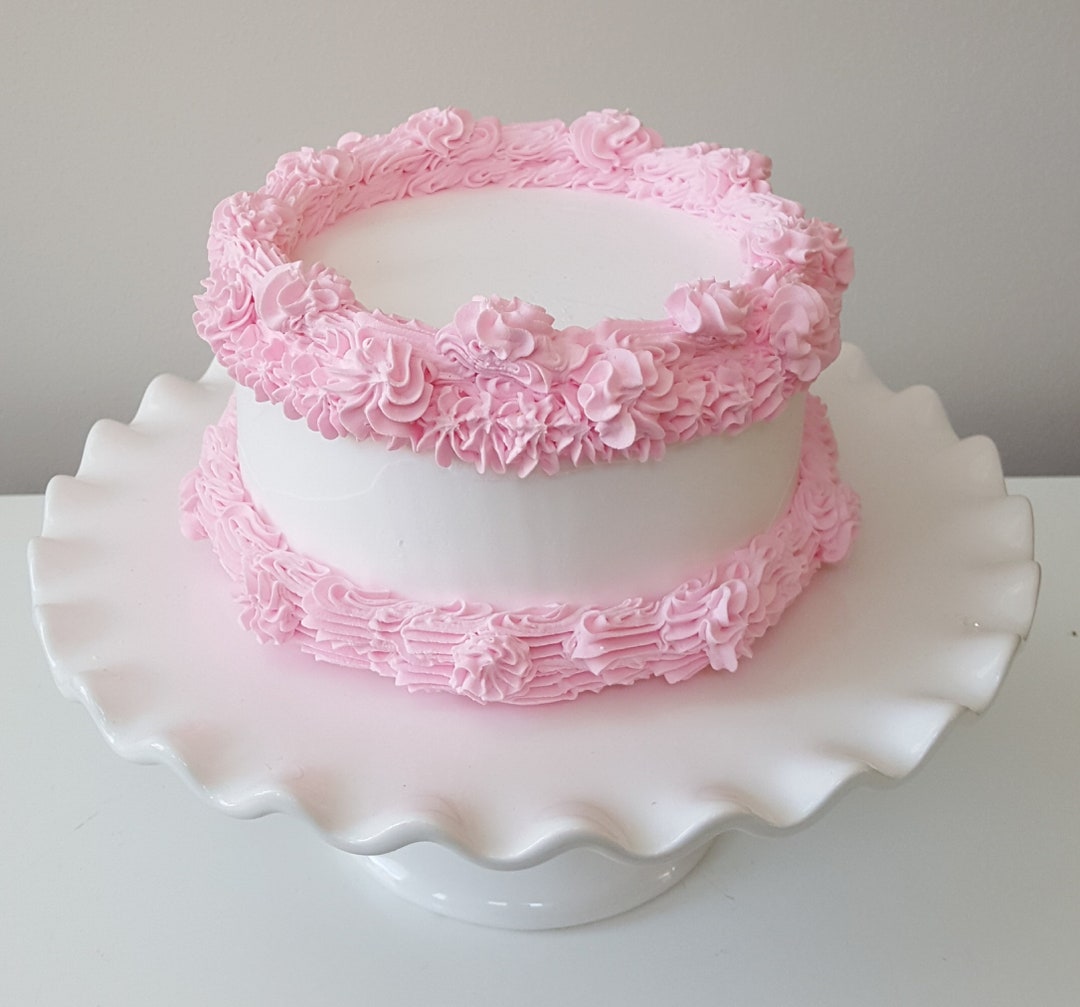 Fake White Cake With Pink Trim. Faux Pink and White Single Layer Cake.  Other Colors Available. Retro Cookbook Inspired Cake, Photo Prop 