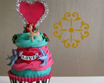 Fake Cupcake Retro Rockabilly Tattoo Themed Cupcake w/ Swallows, Deer and hearts