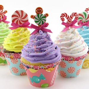 Candy Land Fake Cupcakes Set 6 Standard Size Cupcakes Candy Land Birthday/Christmas Decor Gingerbread Men, Candy Canes, Peppermint Candy image 1