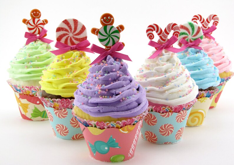 Candy Land Fake Cupcakes Set 6 Standard Size Cupcakes Candy Land Birthday/Christmas Decor Gingerbread Men, Candy Canes, Peppermint Candy image 1