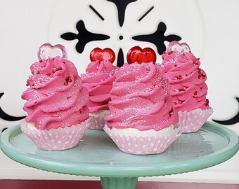 Fake Valentine's Day Cupcakes. "Hearts & Cupcakes" Hot Pink Mini Cupcakes Set 4 Can Be Ornaments, Fab Photo Props