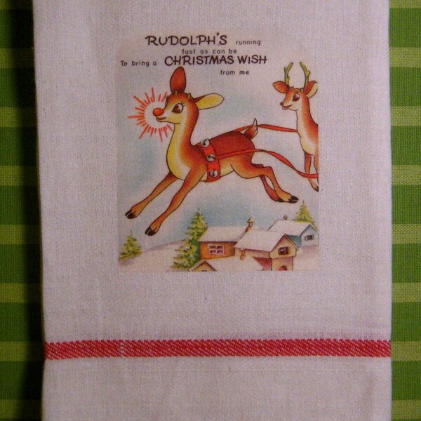 Rudolph the Red Nose Reindeer Vintage Image Candy Cane Striped Dish Towel Rudolph and His Red Nose