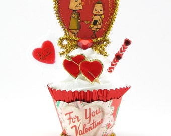 Valentine's Day Fake Cupcake with Robots and Vintage Velvet Heart Embellishment. Unique Valentine's Day Gift for Her or Him.