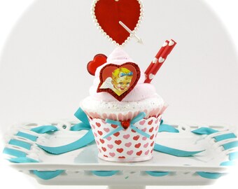 Valentine's Day Fake Cupcake with Cherub and Vintage Velvet Heart w/ Faux Pearls. Unique Valentine's Day Gift for Her or Him.