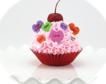 Conversation Heart Fake Cupcake Decor. Fake Cupcake with Red Glittery Cherry. Photo Prop, Kitchen Decor. 12 Legs Etsy Design!