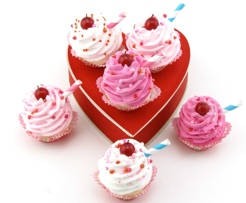 Fake Cupcakes Dutch Heart Collection Set of 6 Mini Cupcakes Can Be Ornaments or Magnets Fab Valentines Day or Birthday Decor image 5