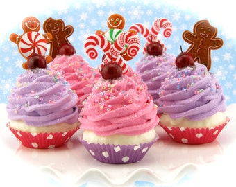Gingerbread and Candy Cane Fake Cupcake Ornaments Set of 6 Mini Cupcakes Hostess Gift, Holiday Decor or Stocking Stuffer