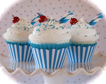 Fake Cupcake Retro Inspired (1) "Big Top Birthday Collection"  Blue and White Striped Fab for Birthday Party Decor