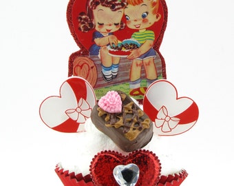 Fake Cupcake with Vintage Valentine Image. Chocolate Lovers w/Candy Boxes & Fake Chocolate. Fab Valentine's Day Gift for Her