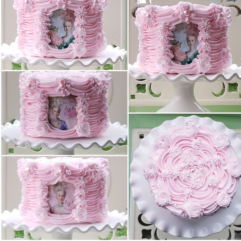 May include: Four pink cakes decorated with different frosting designs. One cake has a ruffled frosting design with a framed image of a woman in a pink dress. Another cake has a ruffled frosting design with a framed image of a woman in a white dress. The third cake has a ruffled frosting design with a framed image of a woman in a blue dress. The fourth cake has a swirl frosting design with a pink and white color scheme.