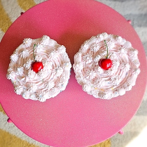 Fake Cupcakes for Bra, 2 Pink Jumbo Cupcakes and Cherries, Bachelorette Outfit, Halloween, Birthday, Concert Costume. Can Hang on Wall image 1