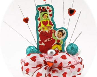 Valentine's Day Decor Fake Cupcake w/ Vintage Valentine Image Space Girl/Boy "You Put Me Into Orbit Valentine" Fab V-Day Gift