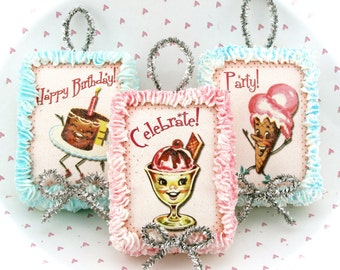 Happy Birthday Ornament Collection Cake/Ice Cream Set of 3 "Sweet Box Ornaments" w/Vintage Inspired Images Can Be Christmas Tree Ornaments
