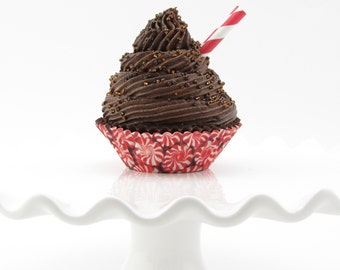 Fake Cupcake Double Chocolate Cupcake w/ Signature Peppermint Disc Cupcake Liner. Can Be an Ornament. 12 Legs Original Etsy Design.