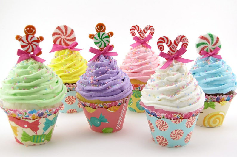 Candy Land Fake Cupcakes Set 6 Standard Size Cupcakes Candy Land Birthday/Christmas Decor Gingerbread Men, Candy Canes, Peppermint Candy image 2