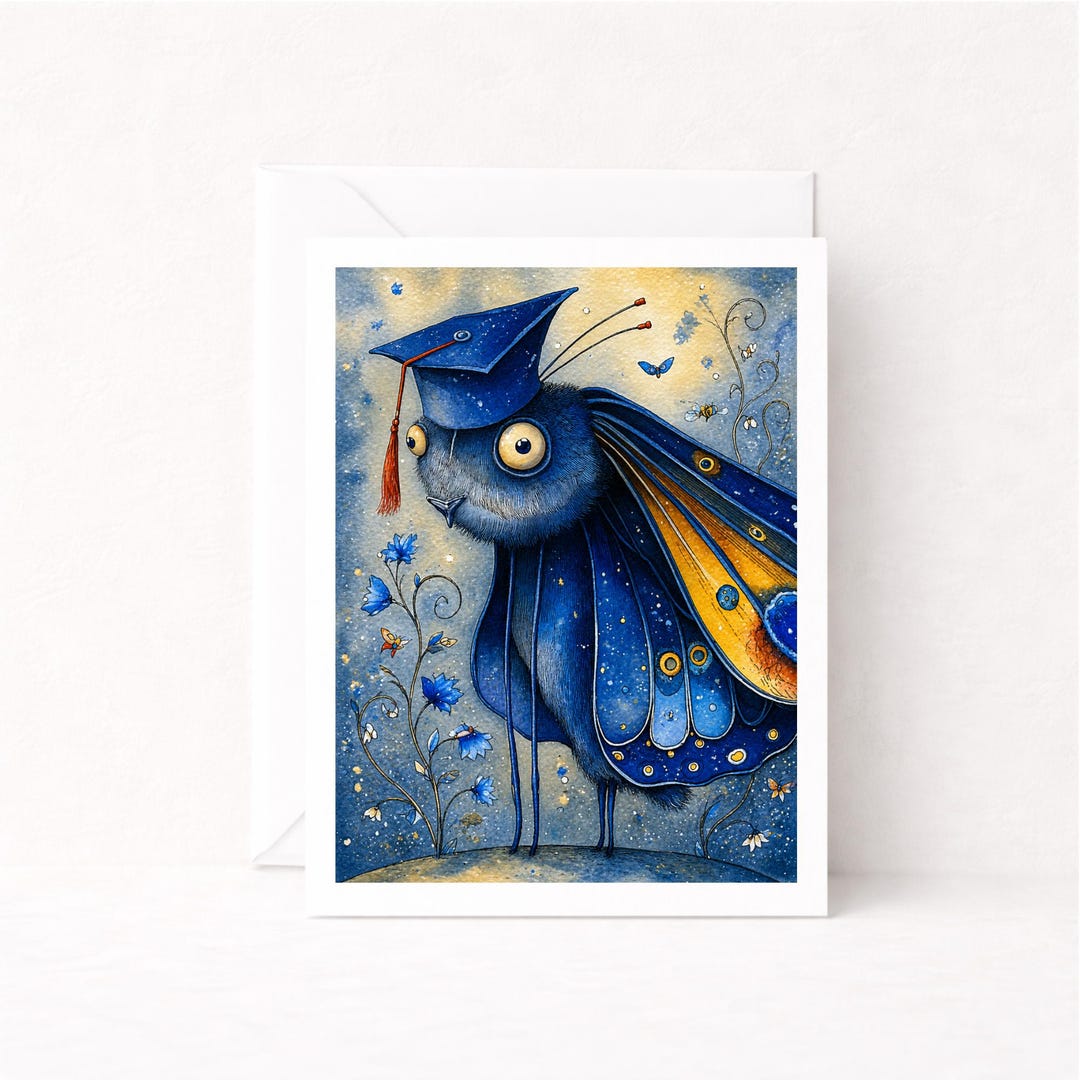 Whimsical Moth Graduation Card, Blue Art Congrats Grad Greeting (A2 ...