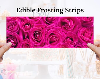 PINK ROSES | Edible Picture Strips | Wrap Sides of Birthday Cakes | Edible Icing Sheet | Personalized Cake Topper
