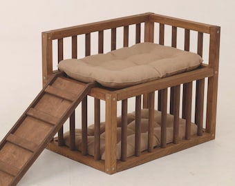 Dog Window Perch Bed – Elevated Wooden Dog Bed Furniture with Steps & Ramp, Raised Small Dog Bed Platform, Puppy bed, Dog stairs