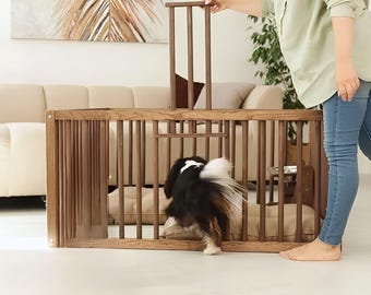 Wooden Dog Playpen with Door, Indoor Dog Kennel Furniture and Modern Puppy Fence, Luxury Wood Pet Enclosure for Living Room