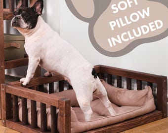 Solid Wood Pet Bed with Pillow, Cozy Puppy Lounge, Elegant Crate Alternative, Indoor Dog Furniture
