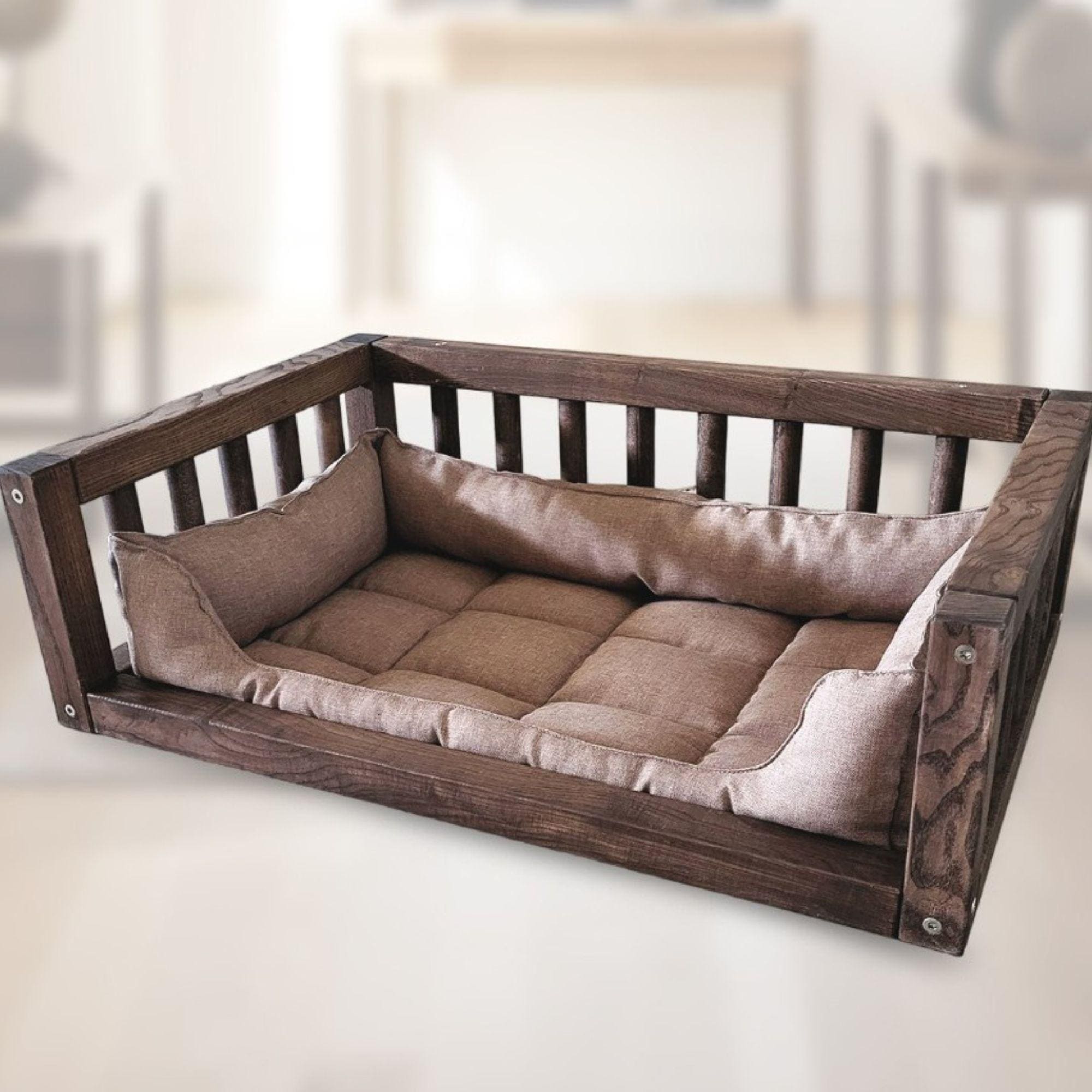 Wooden Dog Bed Frame with Soft Pillow, Cozy Indoor Pet Training Lounge for Dogs and Cats, Anxiety dog bed