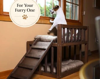 Dog Bunk Bed with Stairs, Elevated Pet Bed for Dogs and Cats, Wooden Loft Bed for 2 Pets, Space Saving Furniture