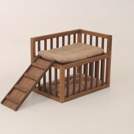 Dog Window Perch Bed – Elevated Wooden Dog Bed Furniture with Steps & Ramp, Raised Small Dog Bed Platform, Puppy bed, Dog stairs