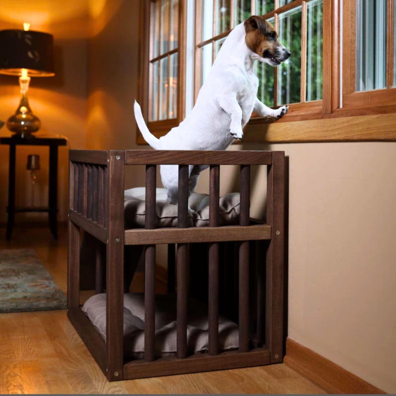 Dog Window Perch Bed – Elevated Wooden Dog Bed Furniture with Steps & Ramp, Raised Small Dog Bed Platform, Puppy bed, Dog stairs image 4