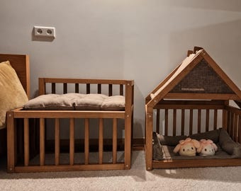 Window Seat and Sofa Side Bunk Bed, Wooden Dog & Cat Bed with Ramp, 2-Tier Pet Couch