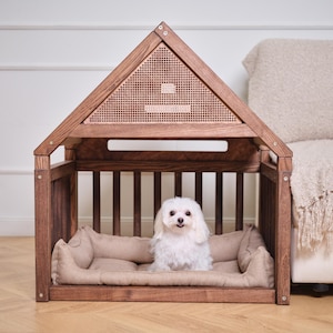 Hondenhok - Cadeaus voor ouders huisdieren, Houten meubilair voor huisdieren met zacht kussen, Puppybench Hondenkast, Hondenmand, Bed voor huisdieren, Hondenbench, Hondenkennel